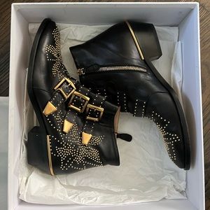 Chloe Leather Studded Patterned Western Boots